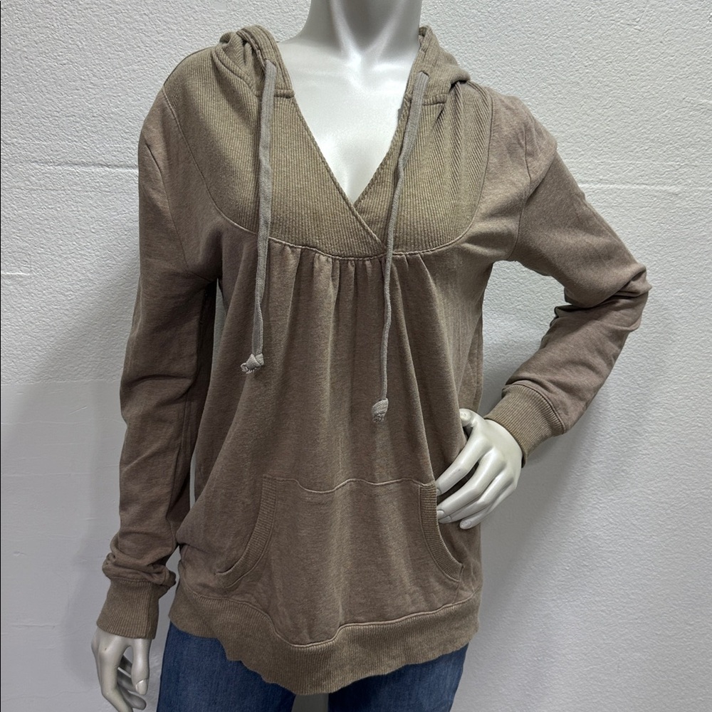 Y2K Old Navy Taupe Hooded V-Neck Pullover Sweatshirt - Picture 3 of 8